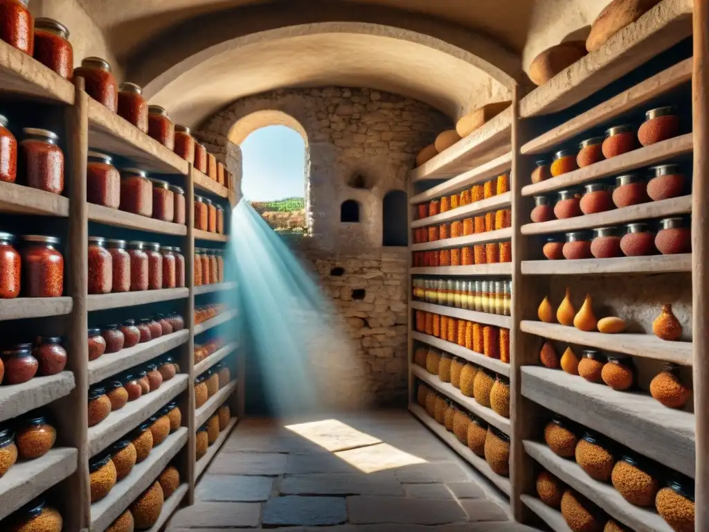 Una bodega italiana antigua llena de alimentos conservados, iluminada por la luz solar, muestra las técnicas de conservación italianas milenarias