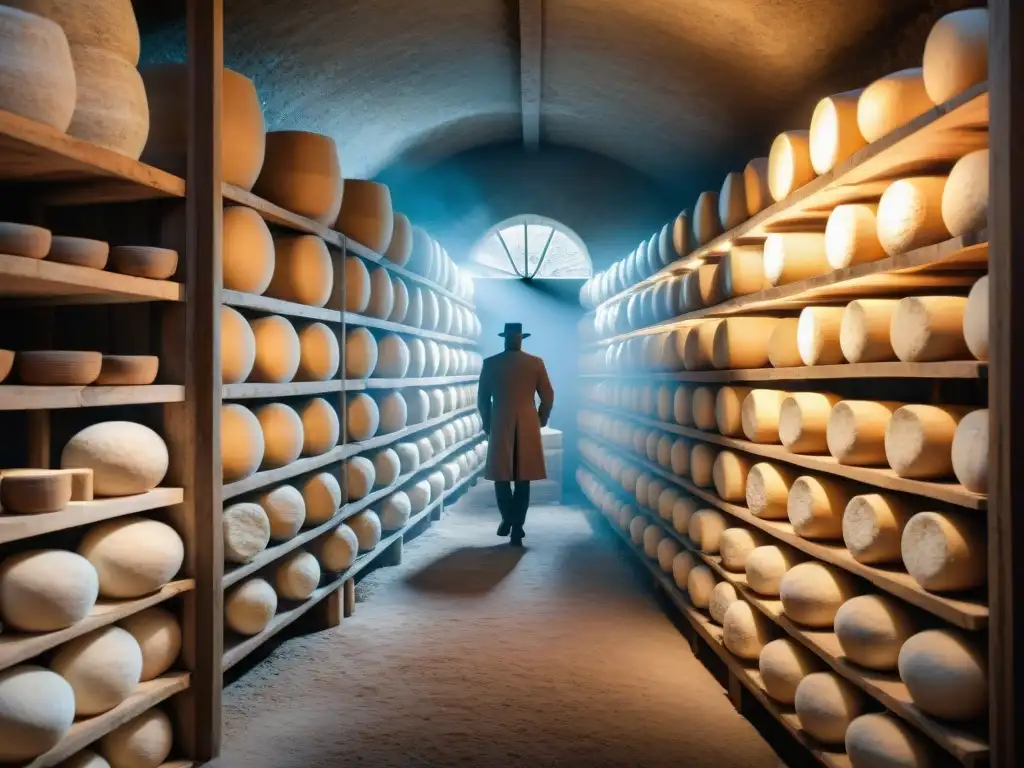 Cueva italiana centenaria con quesos Gorgonzola envejecidos Una bodega italiana centenaria llena de quesos Gorgonzola envejecidos, resplandece historia del queso Gorgonzola authentic