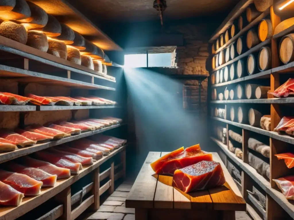 Una bodega italiana iluminada tenue, con filas de Jamón Crudo Italiano curado colgando, envuelta en misterio