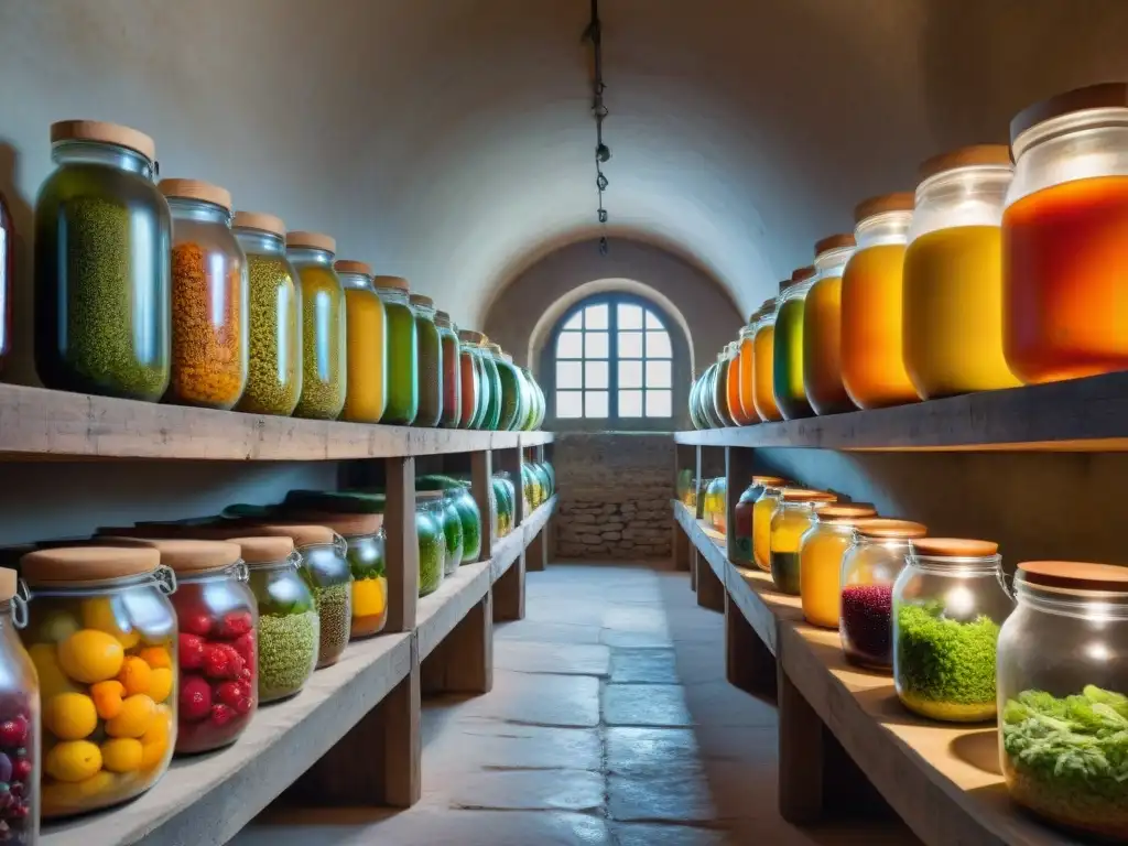 Una bodega italiana tradicional llena de frutas y verduras fermentadas, evocando la artesanía y tradición de las conservas italianas