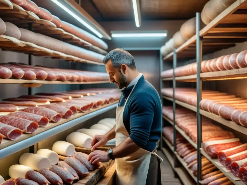 Una bodega italiana tradicional llena de embutidos colgantes, barriles de madera y un artesano inspeccionando una mortadela