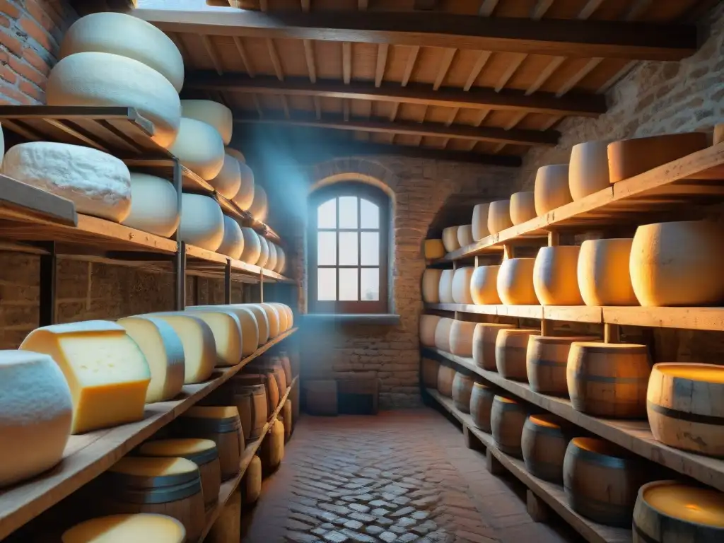 Una bodega italiana tradicional repleta de quesos envejecidos, evocando historia y artesanía en la conservación al estilo italiano