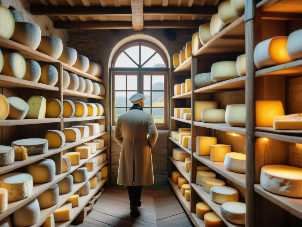 Una bodega de quesos italiana tradicional en Piamonte, con quesos envejecidos en estantes de madera, iluminada por luz natural