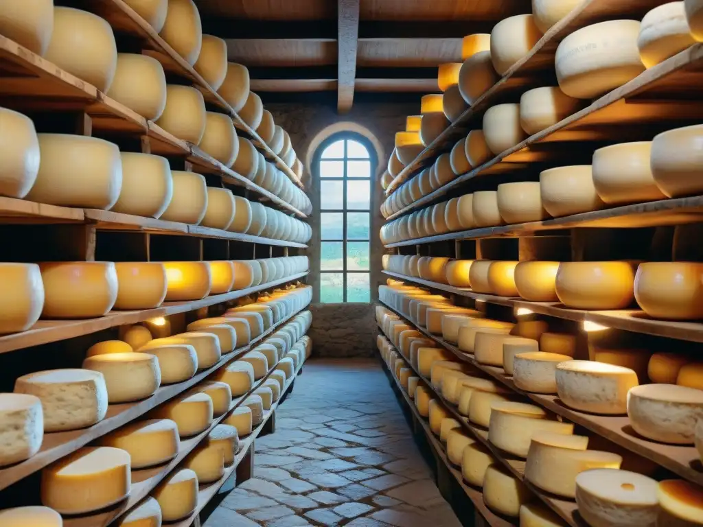 Una bodega de quesos italiana tradicional, con ruedas de Parmigiano Reggiano, Pecorino Romano y Gorgonzola envejeciendo