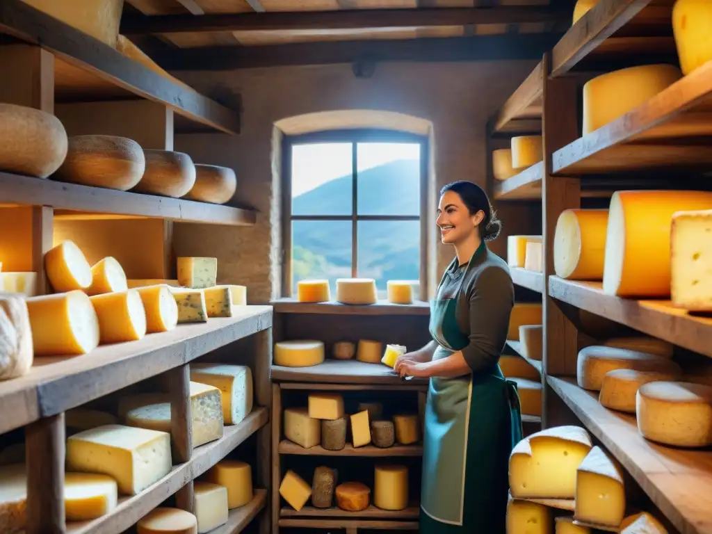 Una bodega rústica llena de quesos italianos, con etiquetas detalladas y un experto consultando un libro sobre la elaboración tradicional