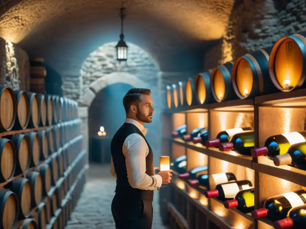 Una bodega subterránea iluminada tenue, con botellas ordenadas y un sommelier inspeccionando una bajo la luz de una vela