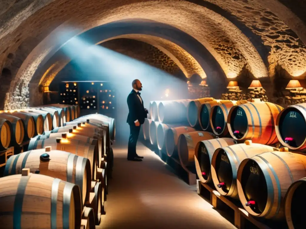 Una bodega subterránea iluminada tenue, con sommelier sirviendo vino tinto italiano en copa de cristal