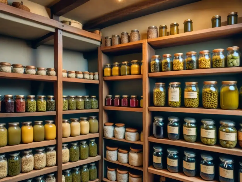 Una bodega tradicional italiana llena de tarros de alimentos fermentados, mostrando la técnica culinaria de la cocina italiana