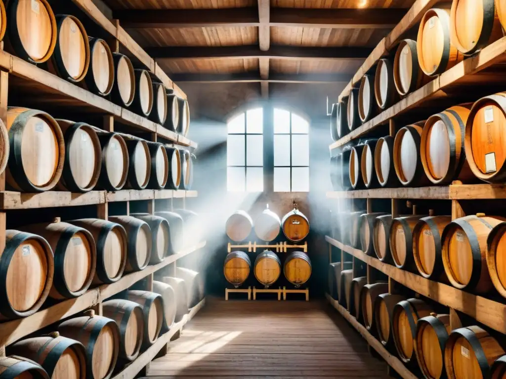 Una bodega tradicional italiana llena de barriles de madera con procesos de fermentación