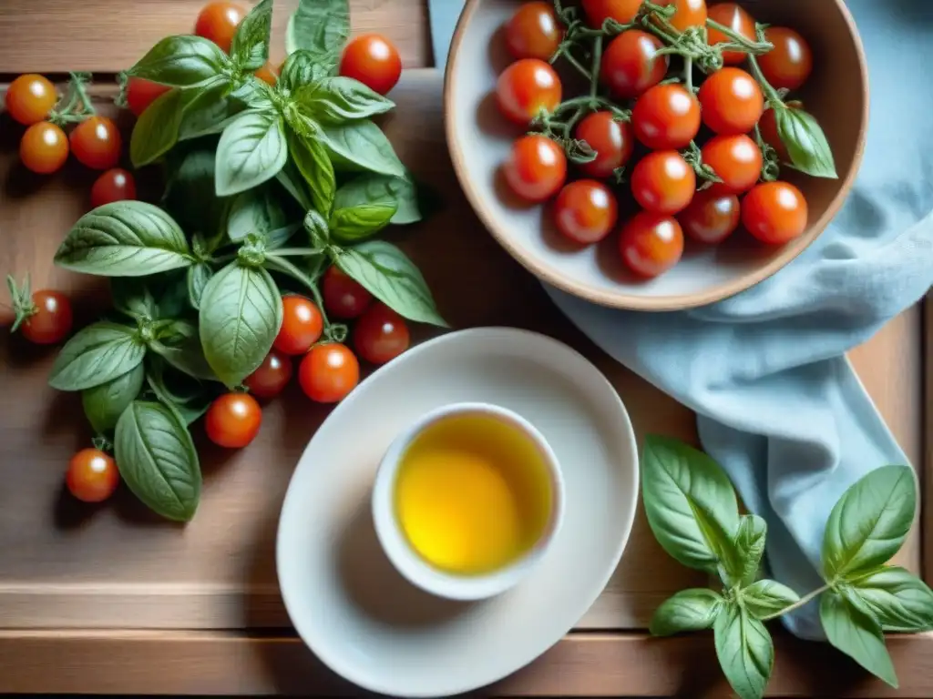 Bodegón de cocina italiana: tomates, albahaca, aceite de oliva, queso parmesano y uvas