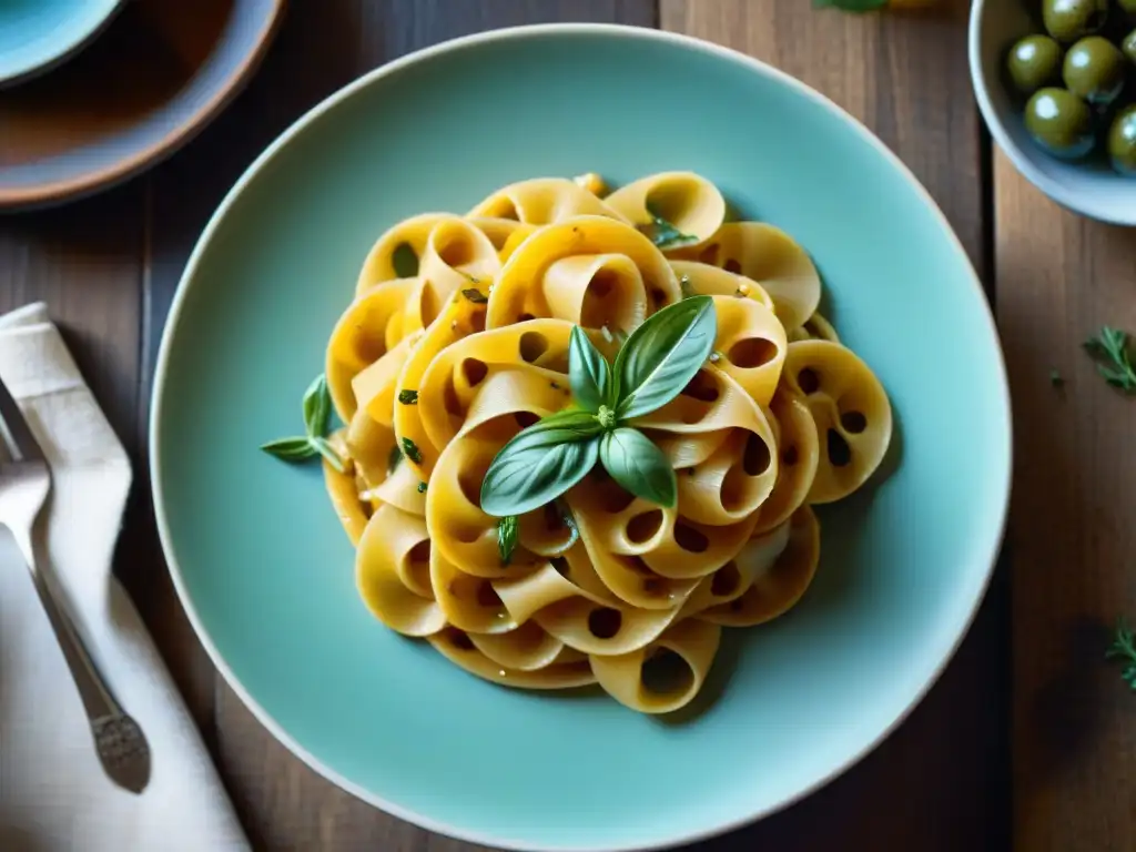 Un bodegón detallado de pasta italiana tradicional, adornada con hierbas frescas y aceite de oliva dorado