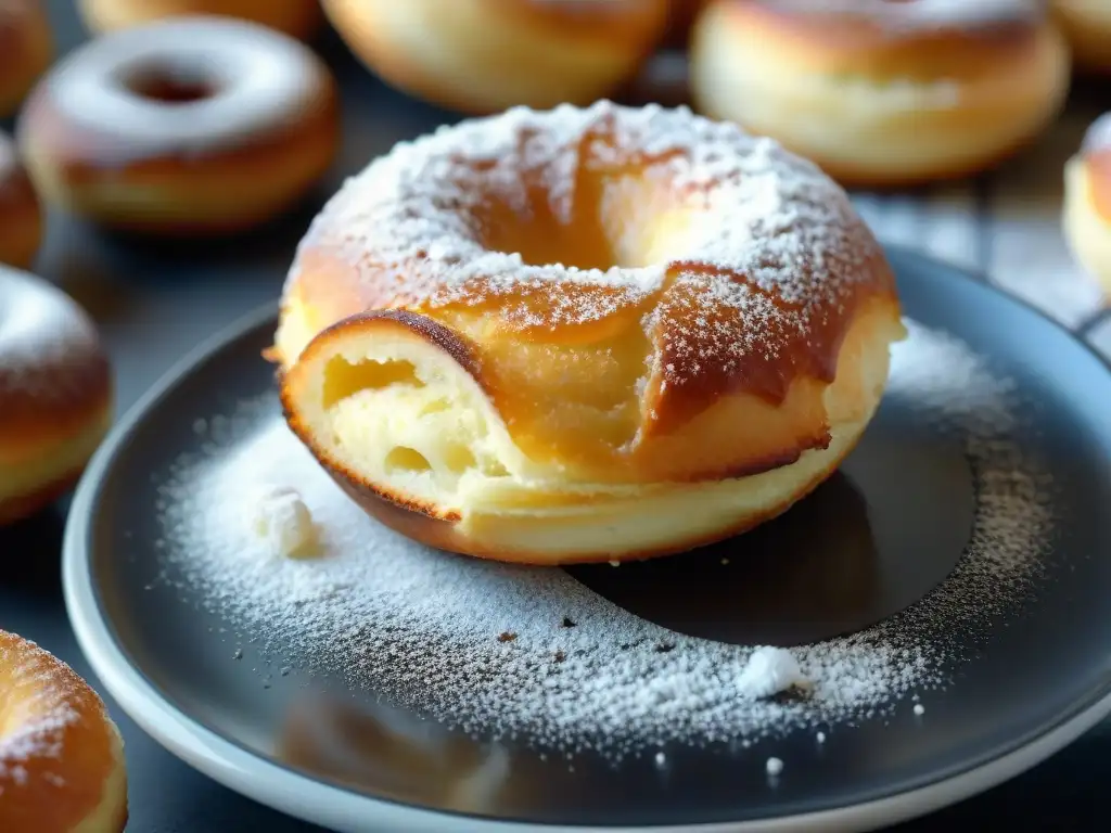 Un bodegón detallado de bomboloni recién horneados, con un exterior dorado y crujiente, cubierto de azúcar glas