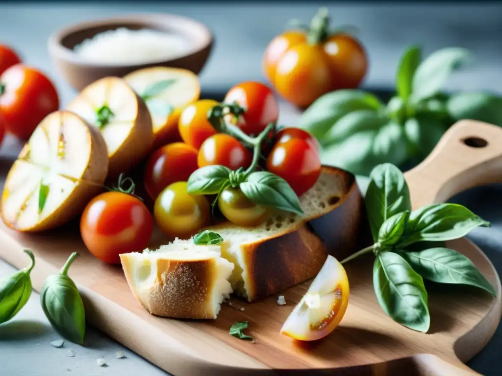 Un bodegón detallado de una tabla de cortar rústica con ingredientes frescos italianos