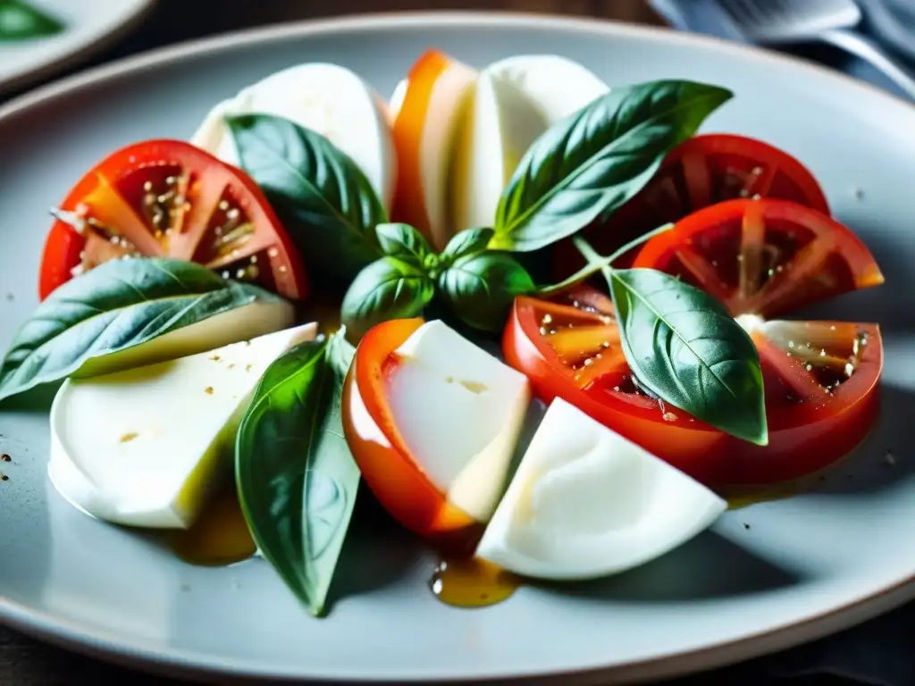 Bodegón de ensalada Caprese italiana con tomates rojos, albahaca fresca y mozzarella, resaltando los beneficios del vinagre en cocina italiana