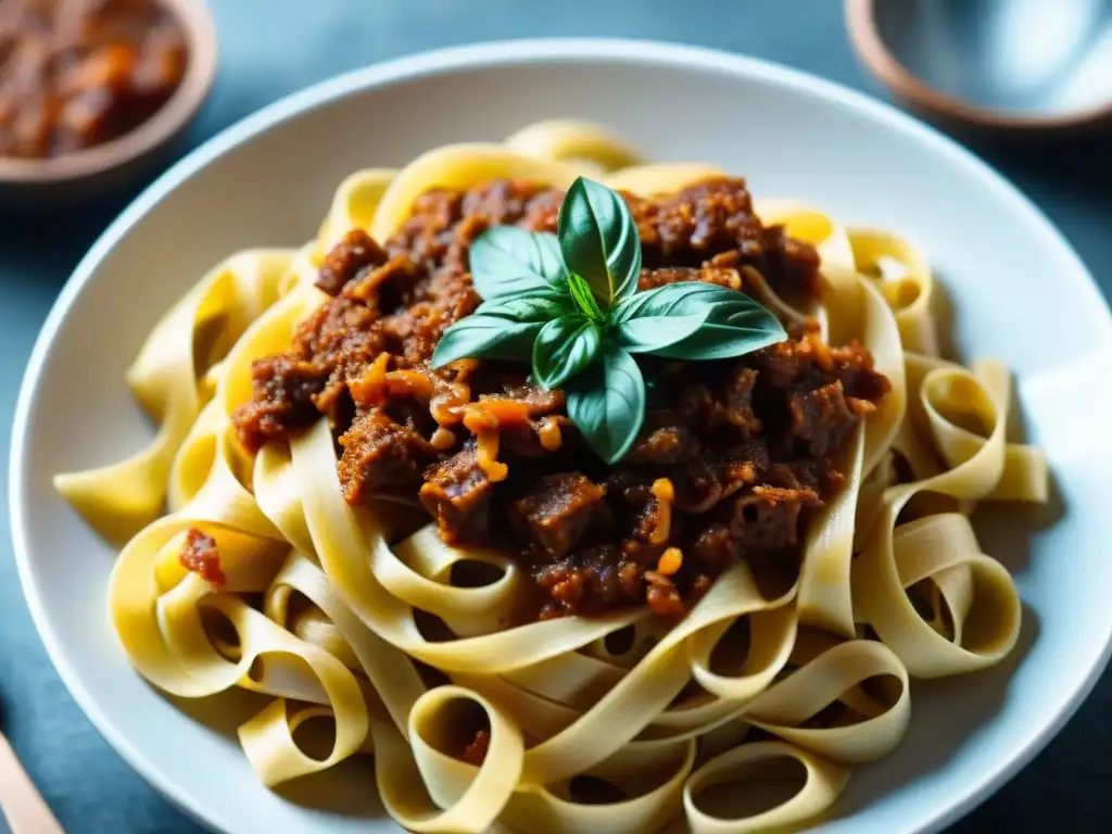 Tagliatelle al ragú Bolognese: pasta recién cocida en un tenedor, bañada en salsa sabrosa