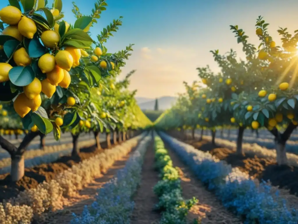 Un bosque de limoneros italiano al atardecer con frutos amarillos y abejas, evocando frescura y belleza natural