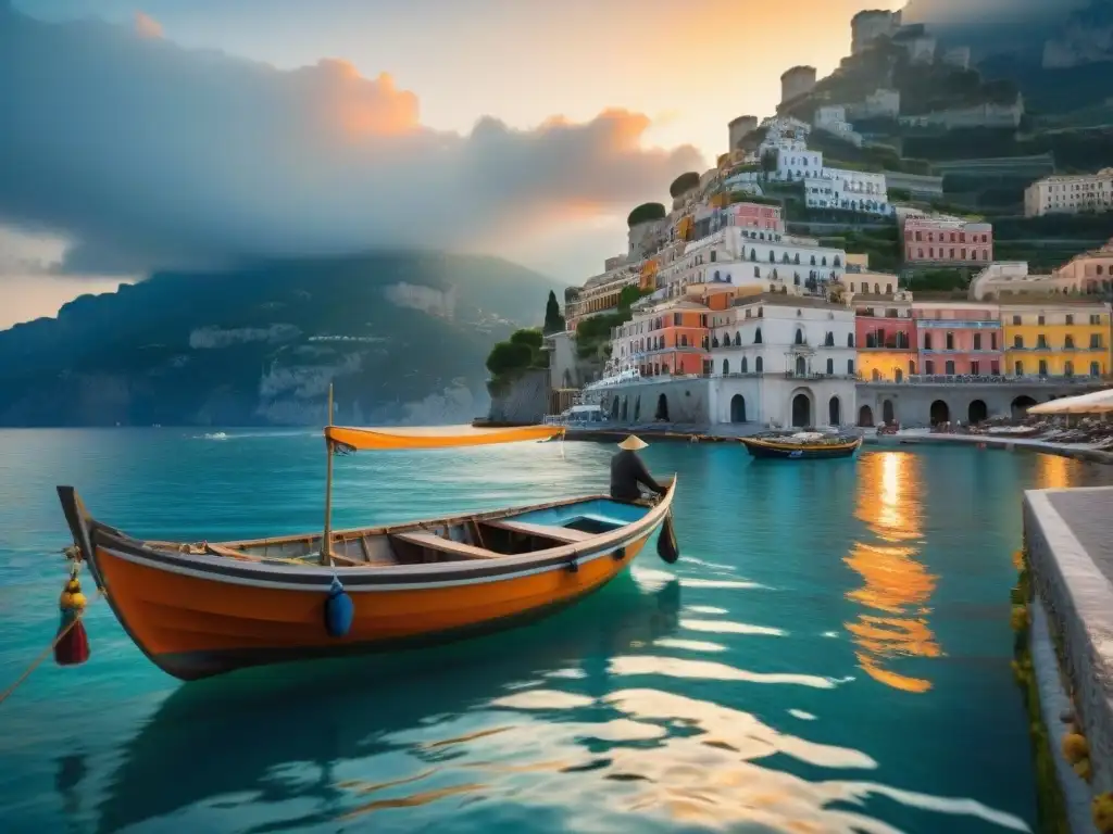 Un bote de pescadores italiano en la costa de Amalfi al atardecer, capturando la esencia marítima de Italia