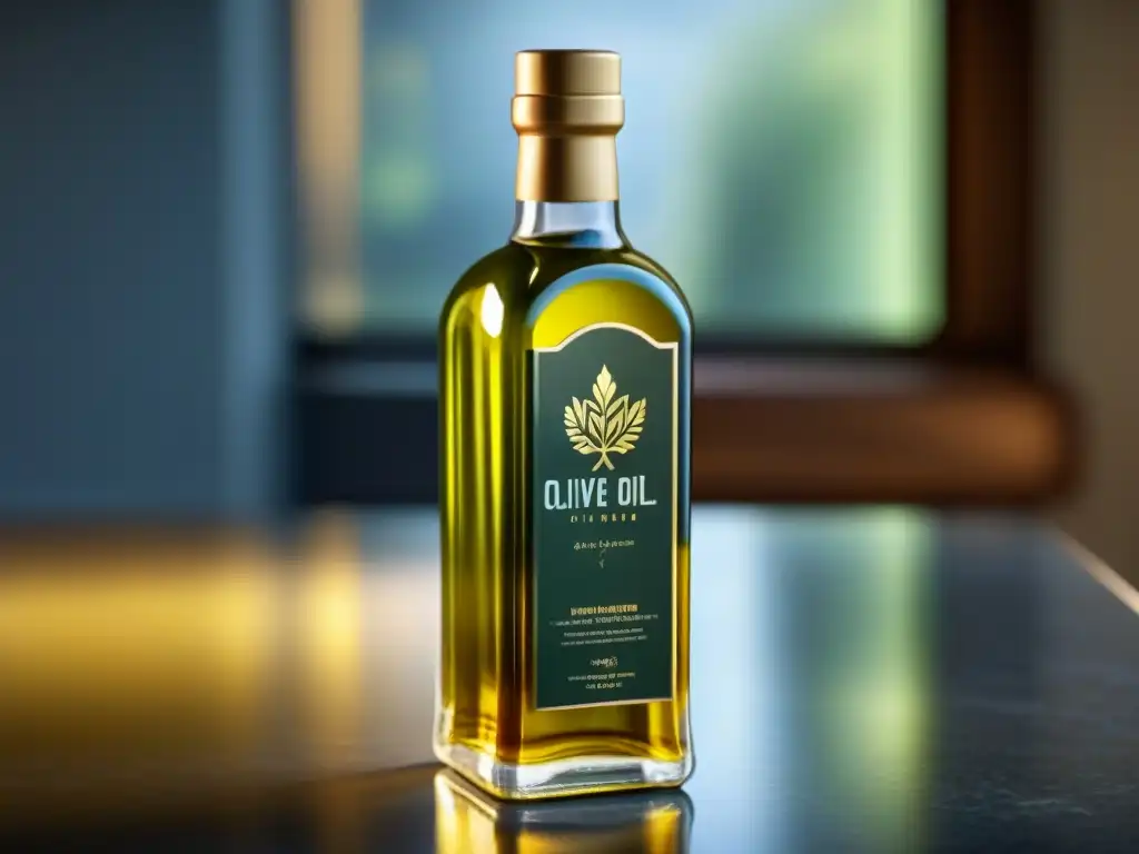 Botella de aceite de oliva diseño: elegante vidrio con patrones grabados, etiqueta metálica y reflejos dorados en mármol brillante