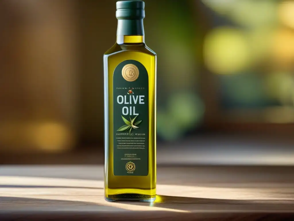 Una botella de aceite de oliva diseño, llena de oro líquido, reposa sobre una mesa rústica de madera, bañada por la luz del sol