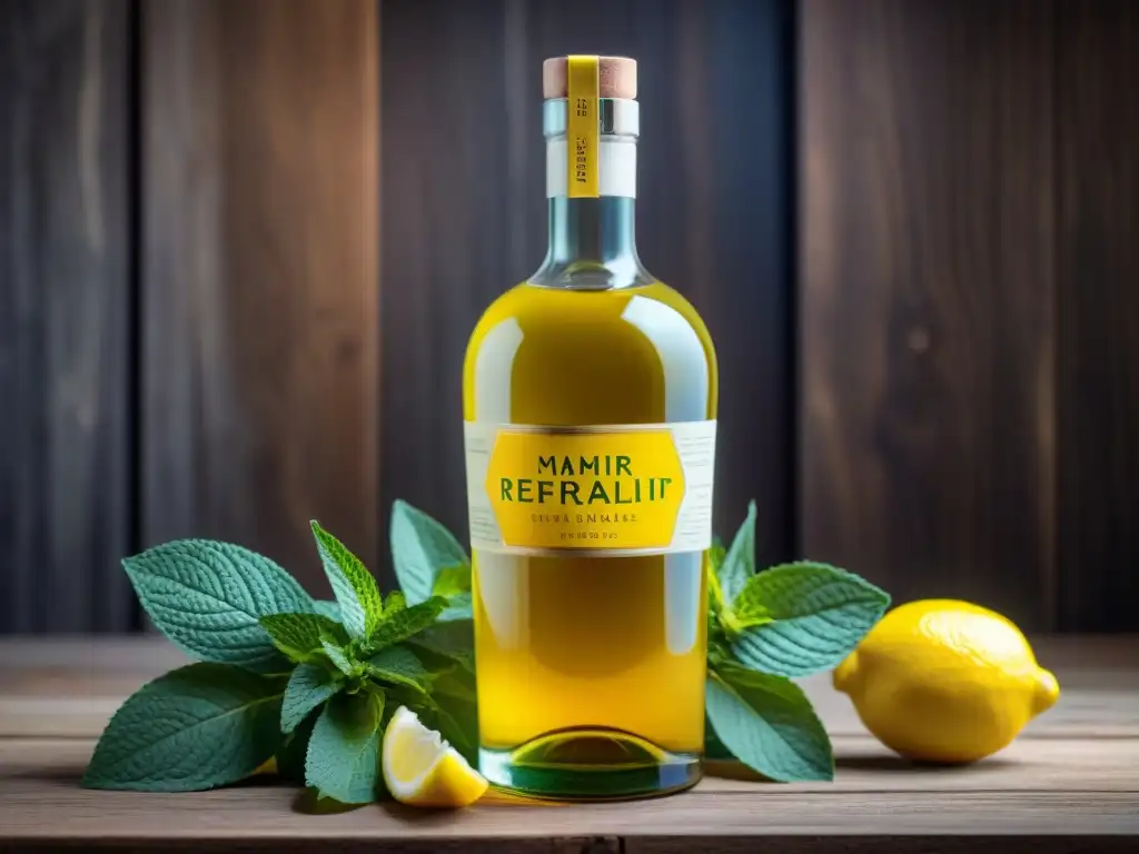 Botella artesanal de Limoncello con limón y menta en un fondo de madera rústica