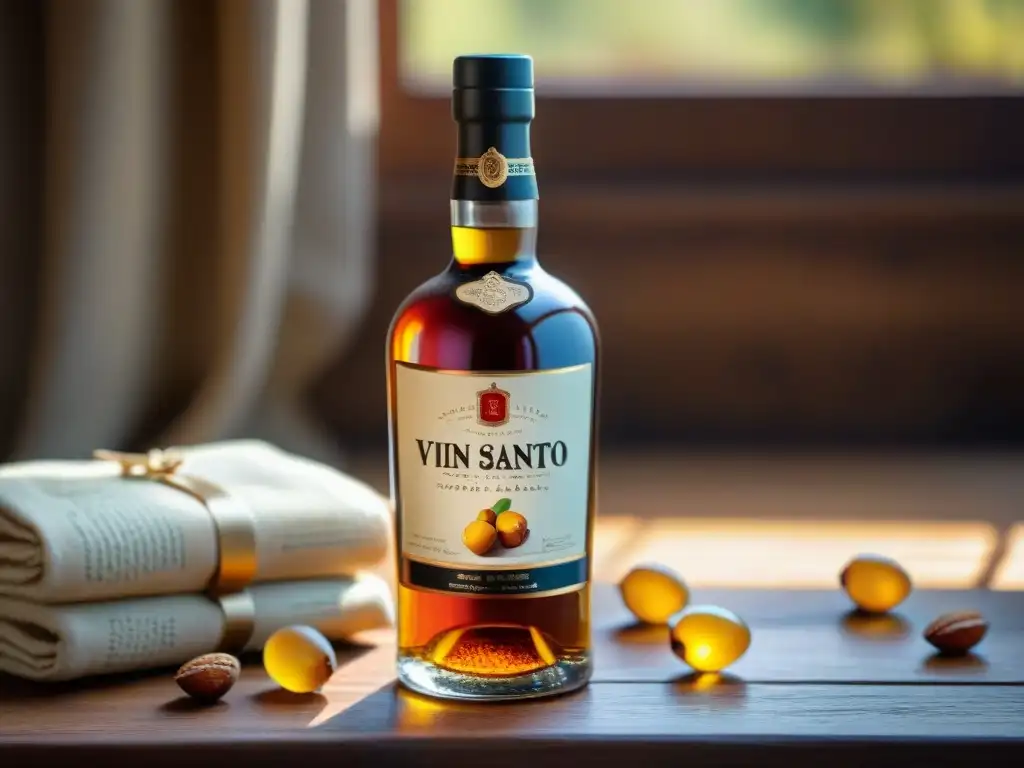 Vin Santo: Elegancia en Ámbar con Pasión Italiana Botella vintage de Vin Santo con etiqueta escrita a mano, color ámbar