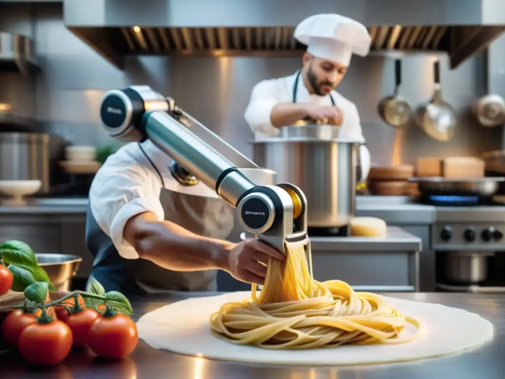 Un brazo robótico de última generación amasa pasta fresca en una bulliciosa cocina italiana