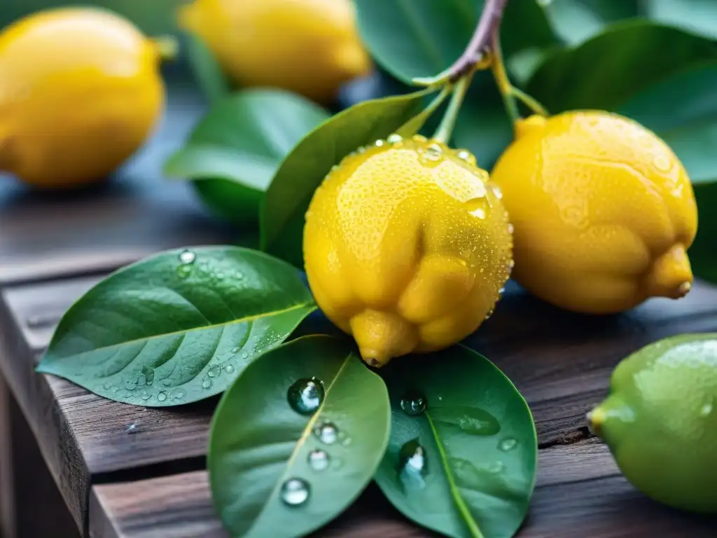 Brillantes limones amarillos recién recolectados con rocío matutino y el sol naciente, en la historia del Limoncello italiano