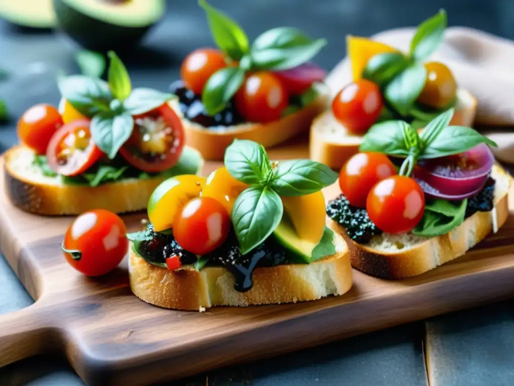 Bruschettas saludables recetas cocina italiana: Detalles vibrantes en un tablero rústico con coloridos ingredientes frescos y texturas que resaltan