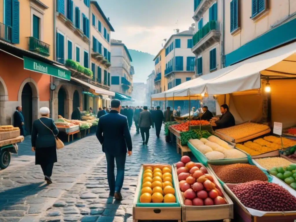 Bulliciosa calle del sur de Italia con vendedores de bocadillos tradicionales, aroma y colores vibrantes