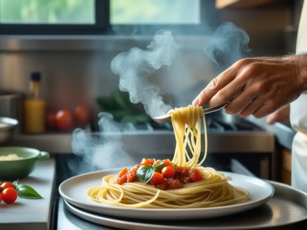 En la bulliciosa cocina italiana, Gennaro Contaldo expertamente prepara pasta rodeado de ingredientes frescos