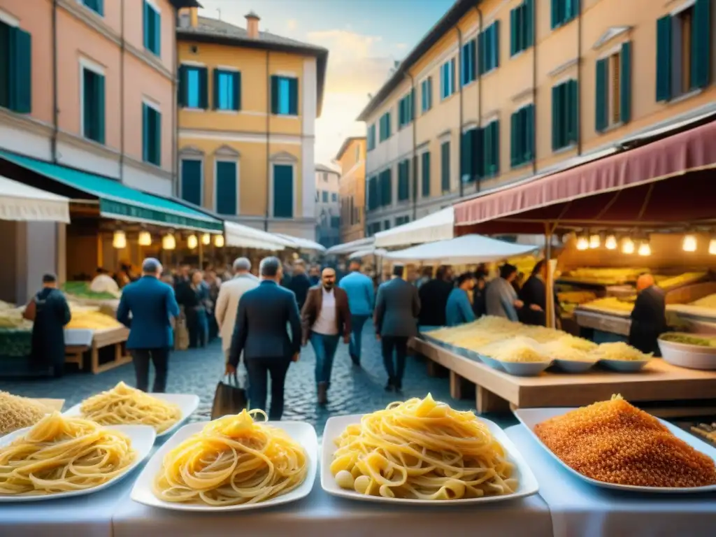 Una bulliciosa competencia de pasta carbonara en un mercado al aire libre de Roma, Italia, con coloridos puestos y arquitectura romana de fondo