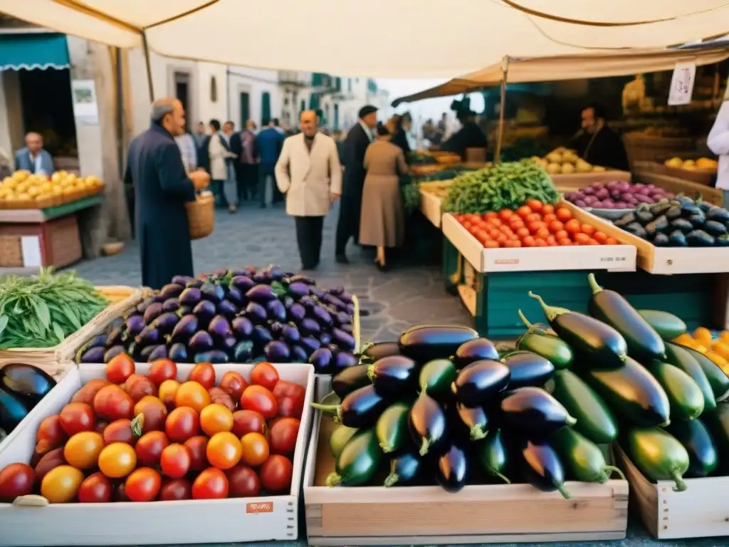 Una bulliciosa escena en un mercado callejero en Sicilia, Italia, con ingredientes frescos y coloridos