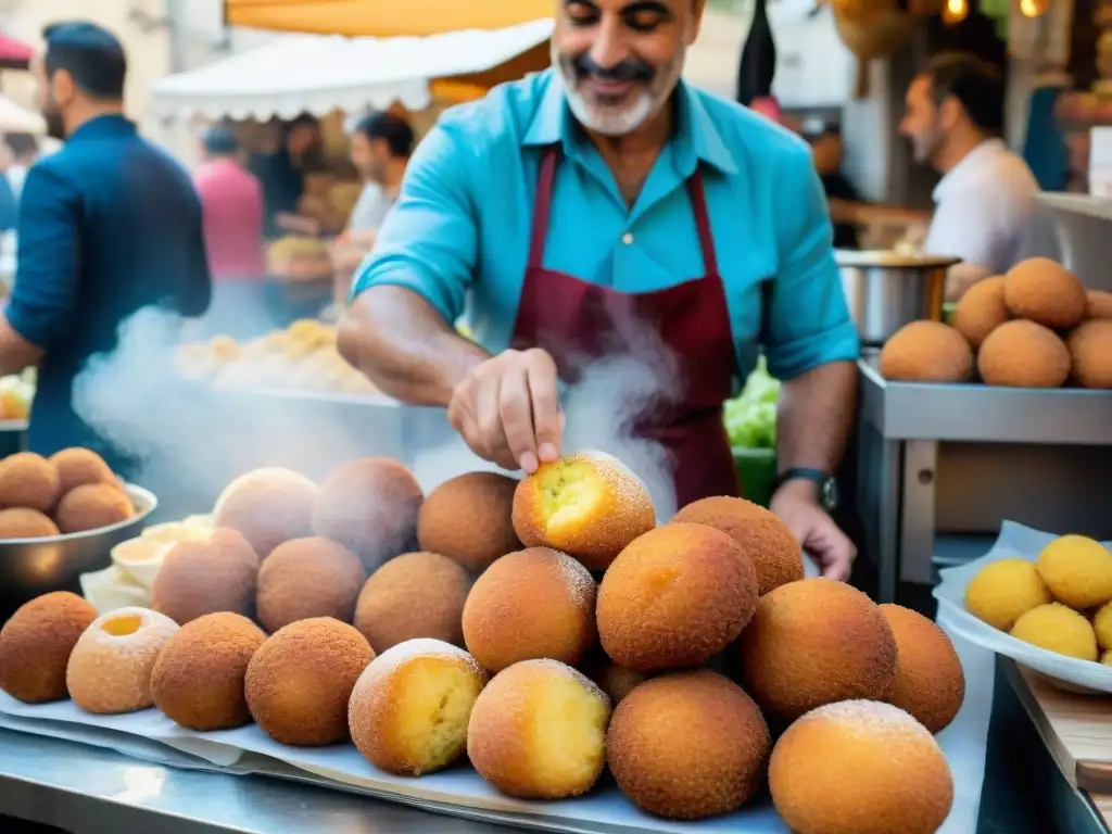 Una bulliciosa escena de mercado en Sicilia con arancini y supplì, destacando diferencias y similitudes culinarias