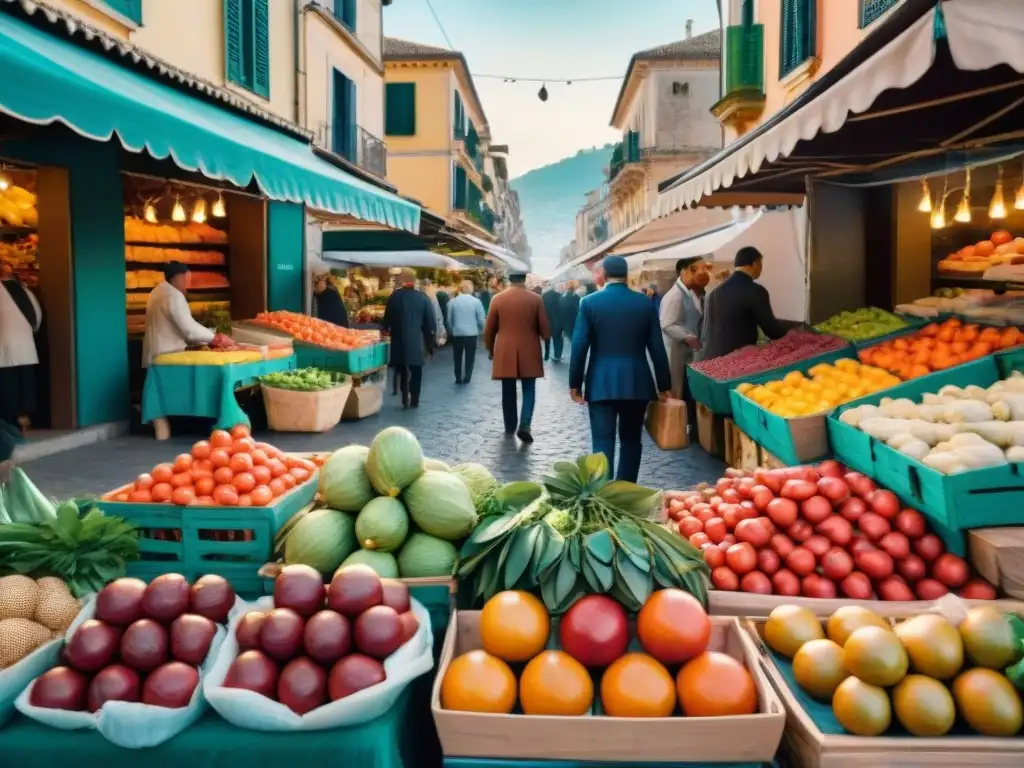 Una bulliciosa escena de mercado siciliano con coloridos puestos de frutas y verduras frescas, vendedores locales y edificios históricos pastel