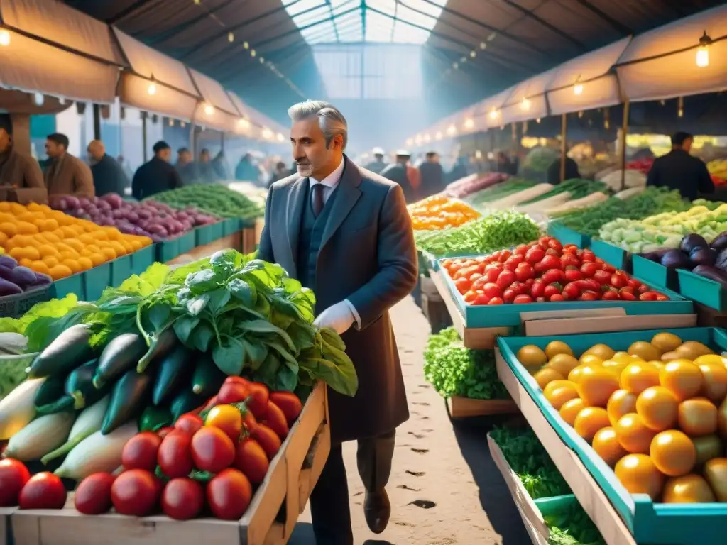 Una bulliciosa escena de mercado de verduras en Italia con productos frescos y clientes seleccionando, todo bajo la cálido sol italiano