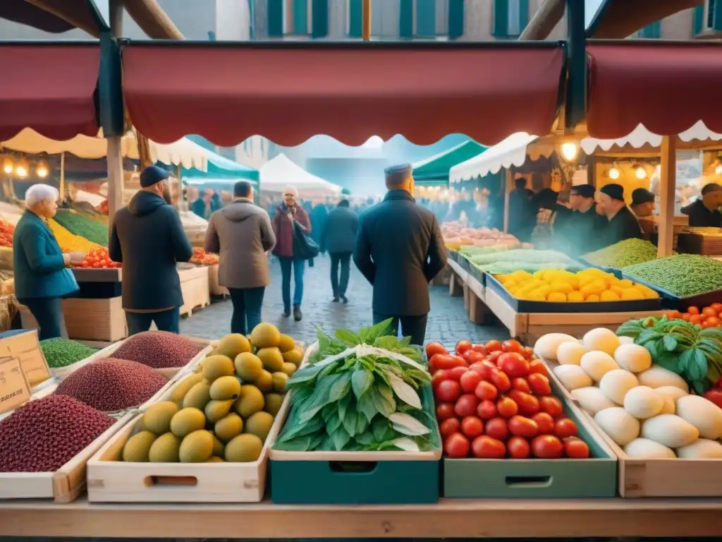 Una bulliciosa feria italiana con productos frescos y coloridos