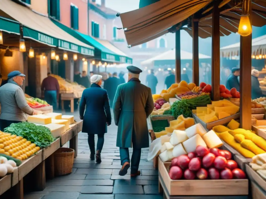 Una bulliciosa feria veneciana al amanecer muestra coloridos productos frescos, quesos artesanales y pasta casera en puestos de madera