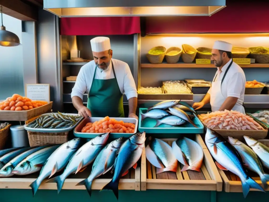 Una bulliciosa lonja de pescado italiano tradicional con pescados y mariscos frescos en hielo