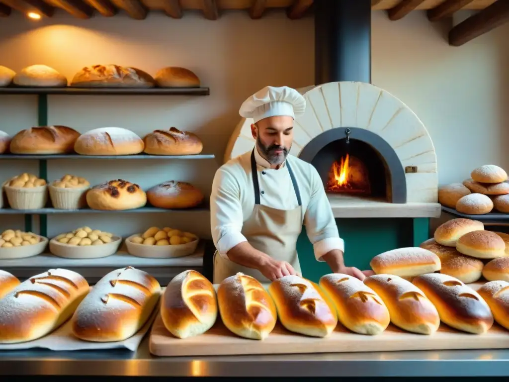 Bulliciosa panadería italiana tradicional con artesanos horneando pan de almendra casero en horno de ladrillo