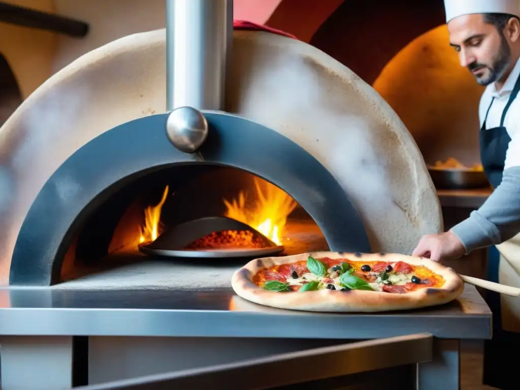 En una bulliciosa pizzería italiana, un pizzaiolo experto lanza masa frente a un horno de leña