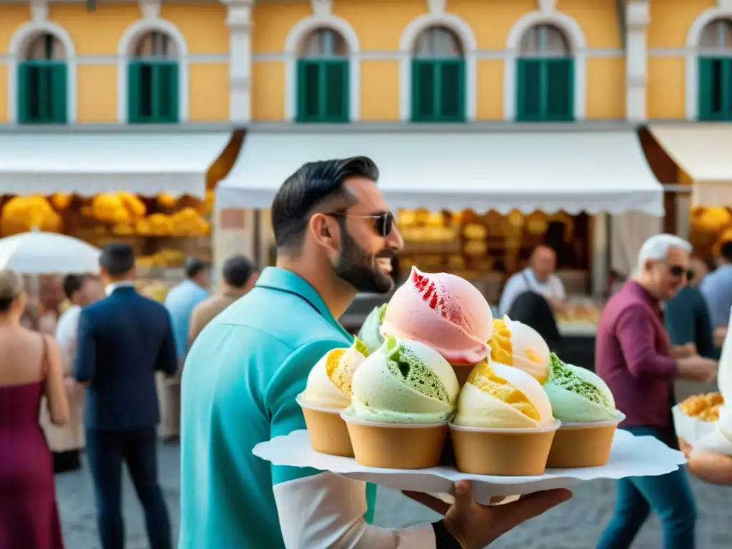 Bulliciosa plaza italiana en festival de gelato, colores vibrantes y arquitectura histórica, artesanos creando postres