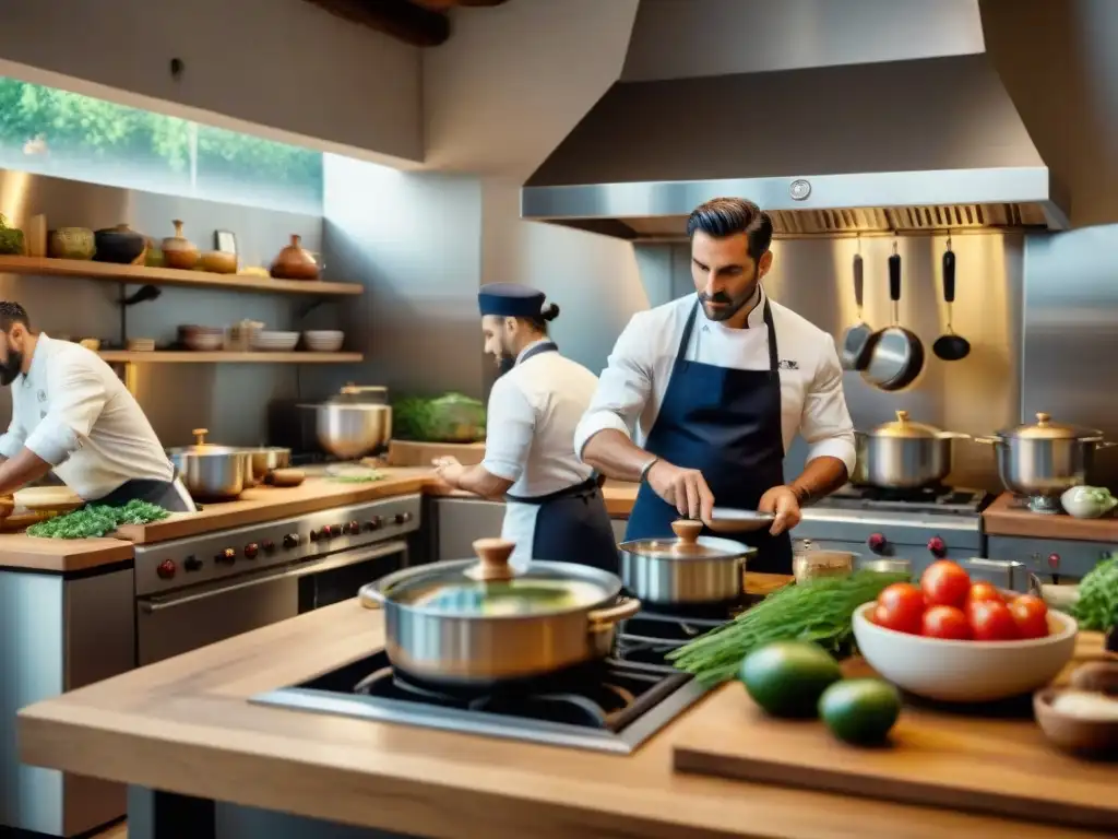 Un bullicioso ambiente de cocina italiana tradicional con chefs preparando platos innovadores