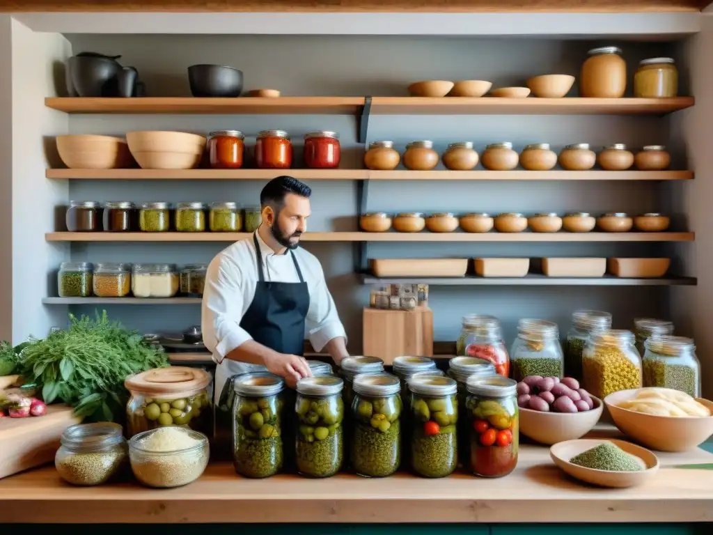 Un bullicioso ambiente de cocina italiana tradicional con fermentaciones caseras y beneficios para la salud