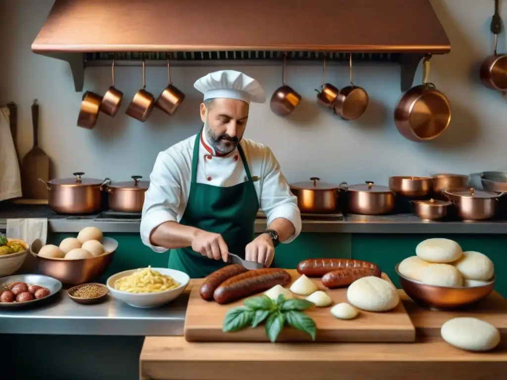 Un bullicioso ambiente de cocina italiana con influencia austrohúngara, chefs preparando platos tradicionales