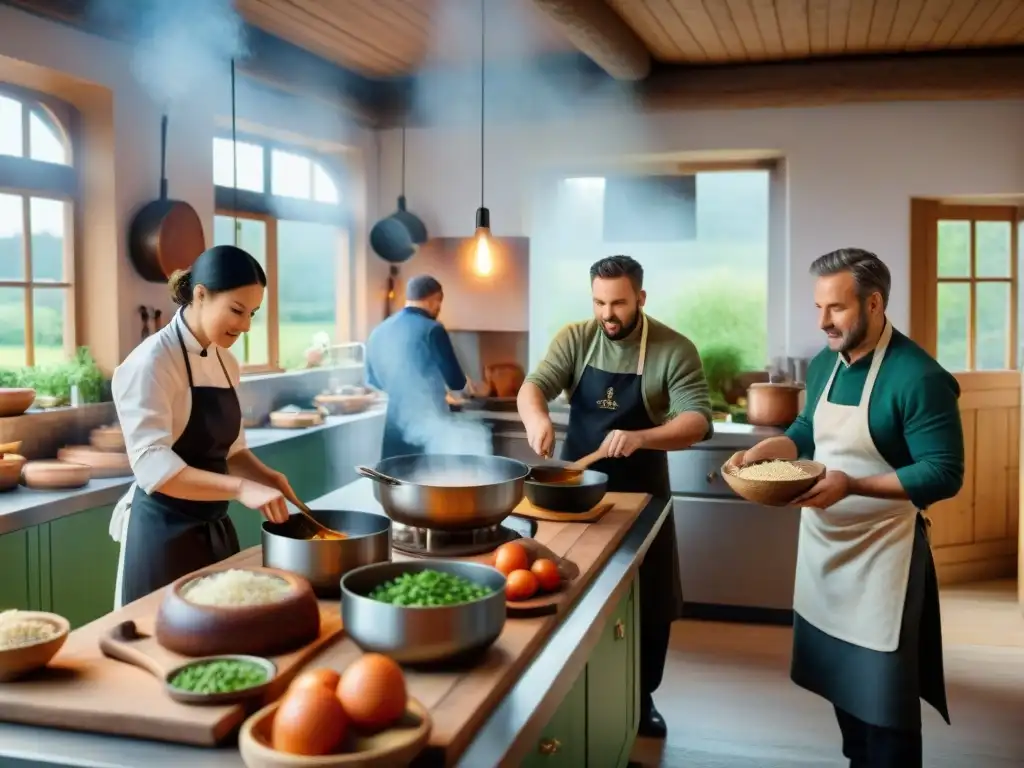 Un bullicioso ambiente de cocina tradicional del norte con chefs expertos preparando platos regionales