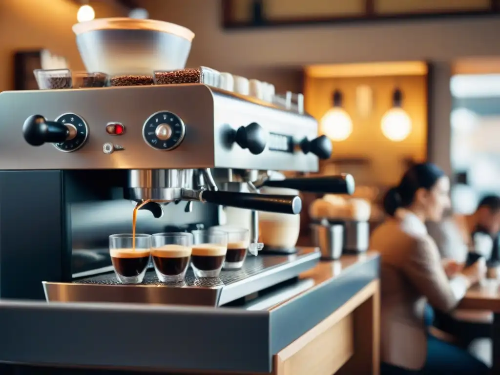 Un bullicioso café italiano al amanecer, con un barista preparando espressos en una máquina tradicional