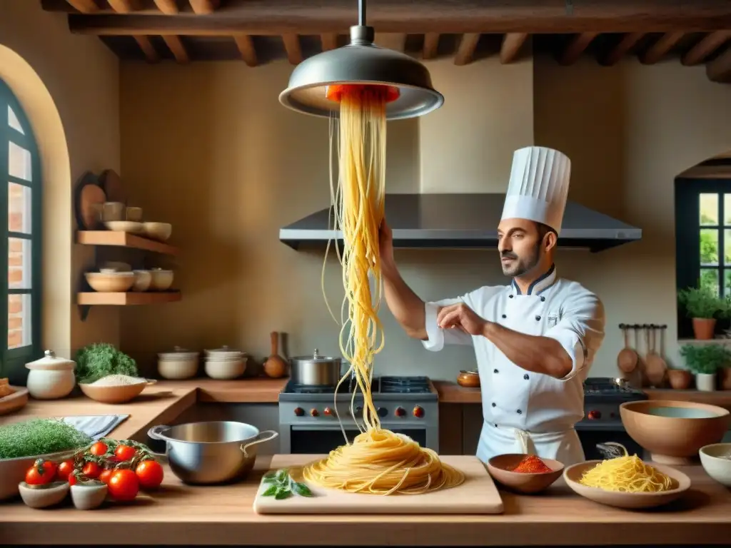 Un bullicioso y detallado escenario de una cocina italiana tradicional con chefs preparando platos italianos tradicionales exclusivos