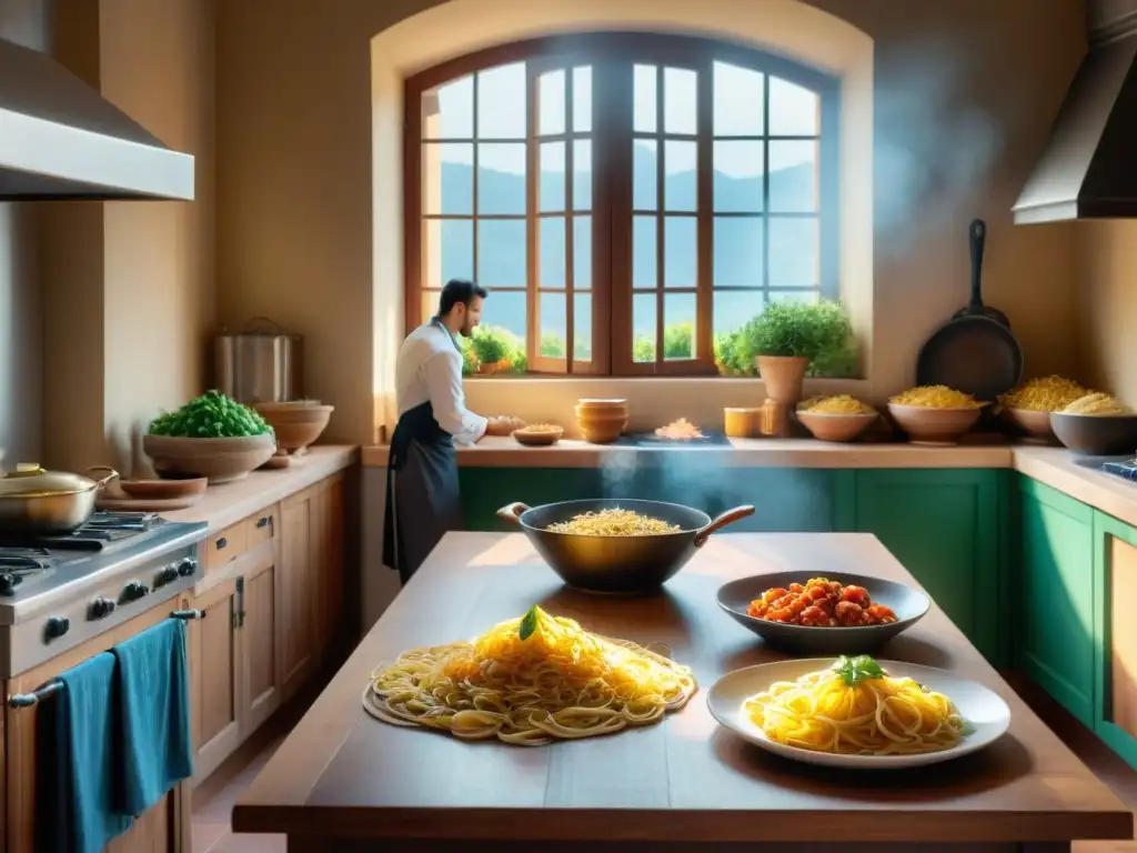 Un bullicioso y detallado escenario de una cocina italiana tradicional con chefs elaborando platos a mano, rodeados de comida fresca y colorida