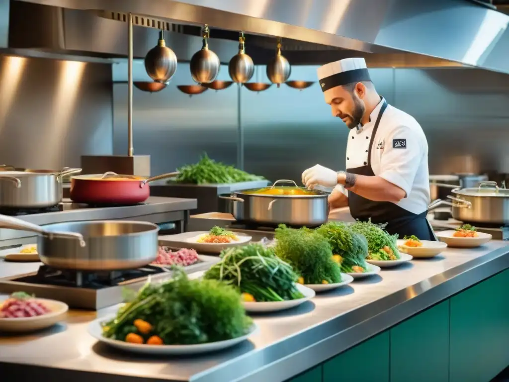 Un bullicioso y detallado restaurante italiano con prácticas sostenibles, chefs filletando pescado y platos coloridos