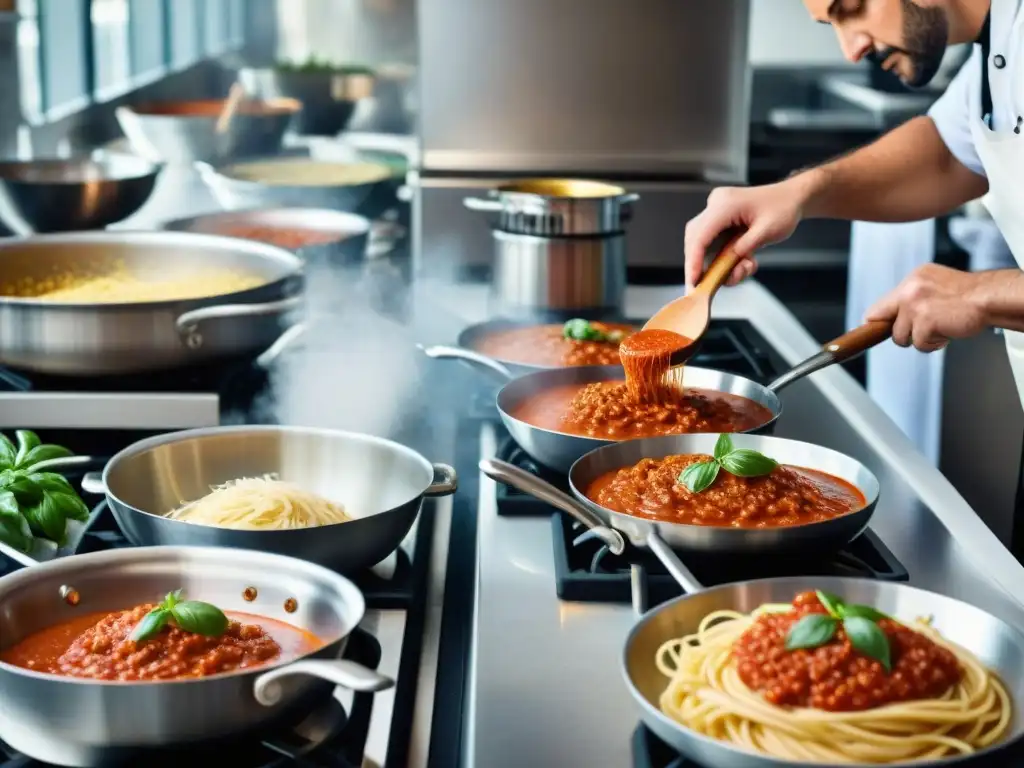 Un bullicioso y detallado retrato de una cocina italiana tradicional con chefs preparando platos icónicos de la cocina italiana